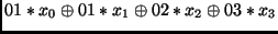 $\displaystyle 01 * x_0 \oplus 01 * x_1 \oplus 02 * x_2 \oplus 03 * x_3$